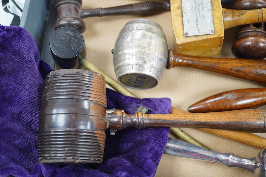 A collection of assorted wooden and metal gavels, largest 27cm long. Condition - used, poor, fair and good